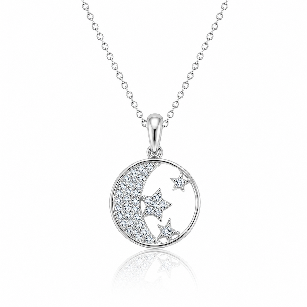 925 Sterling Silver Celestial Moon & Star Cubic Zirconia Pendant Necklace for Women
