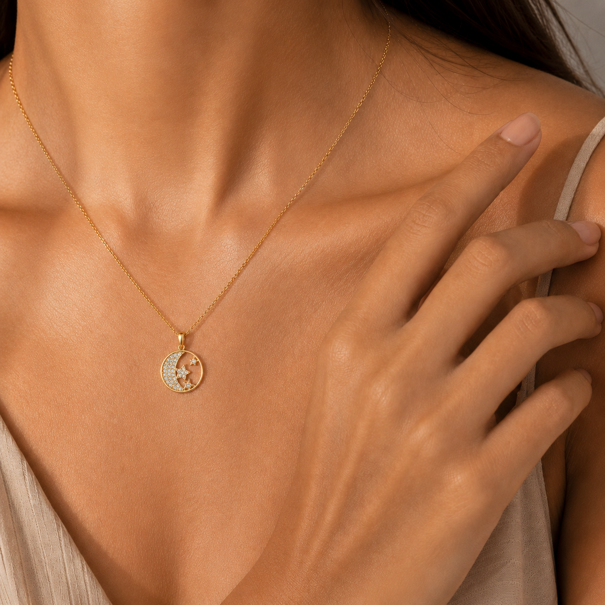 925 Sterling Silver Celestial Moon & Star Cubic Zirconia Pendant Necklace for Women