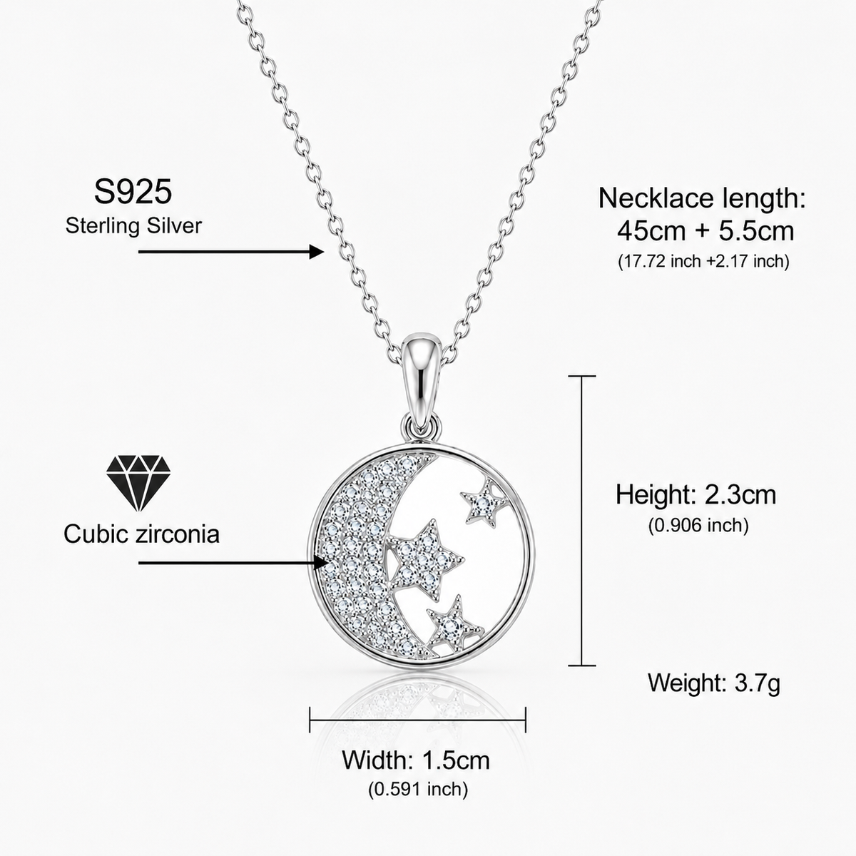 925 Sterling Silver Celestial Moon & Star Cubic Zirconia Pendant Necklace for Women