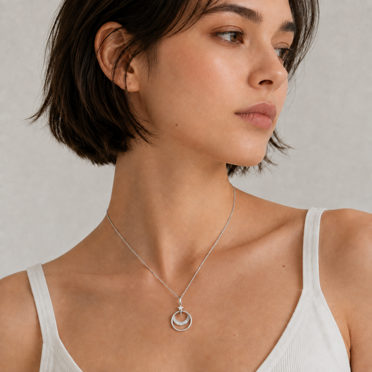 925 Sterling Silver Crescent Moon & Star Cubic Zirconia Pendant Necklace for Women