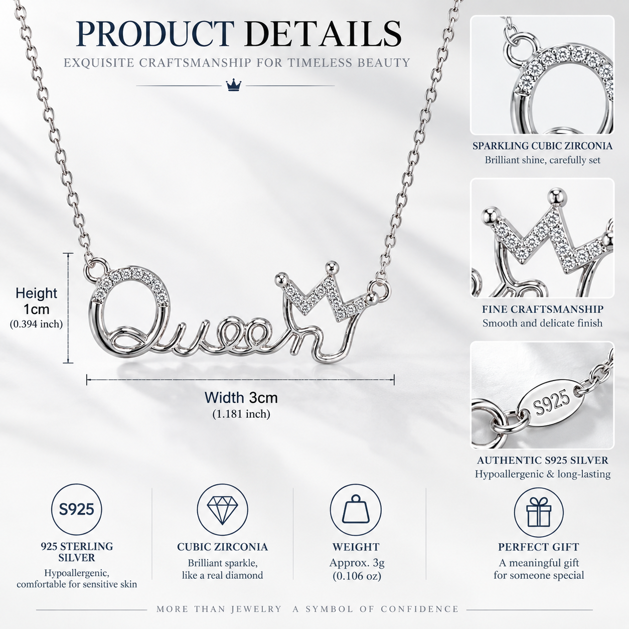925 Sterling Silver Queen Crown Cubic Zirconia Necklace