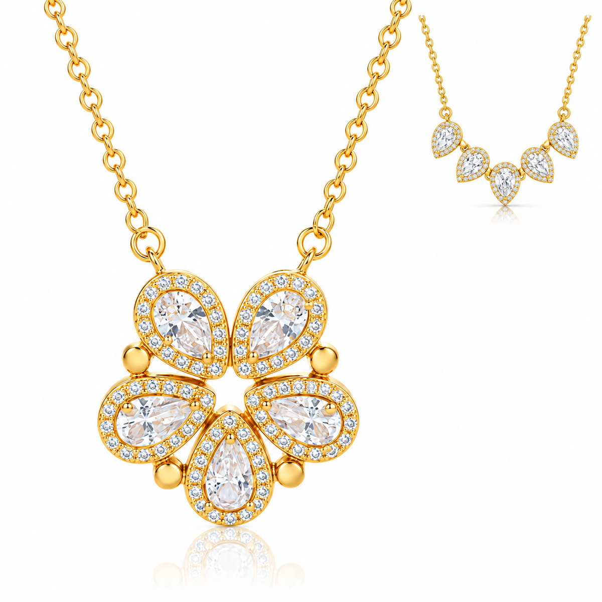 925 Sterling Silver Convertible CZ Flower Necklace - 2-in-1 Teardrop Pendant
