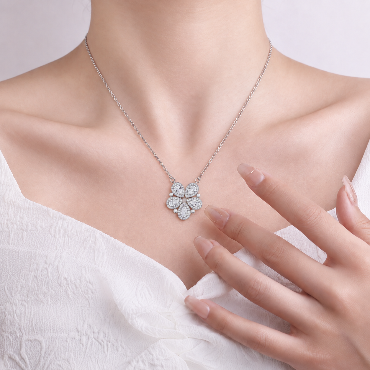 925 Sterling Silver Convertible CZ Flower Necklace - 2-in-1 Teardrop Pendant