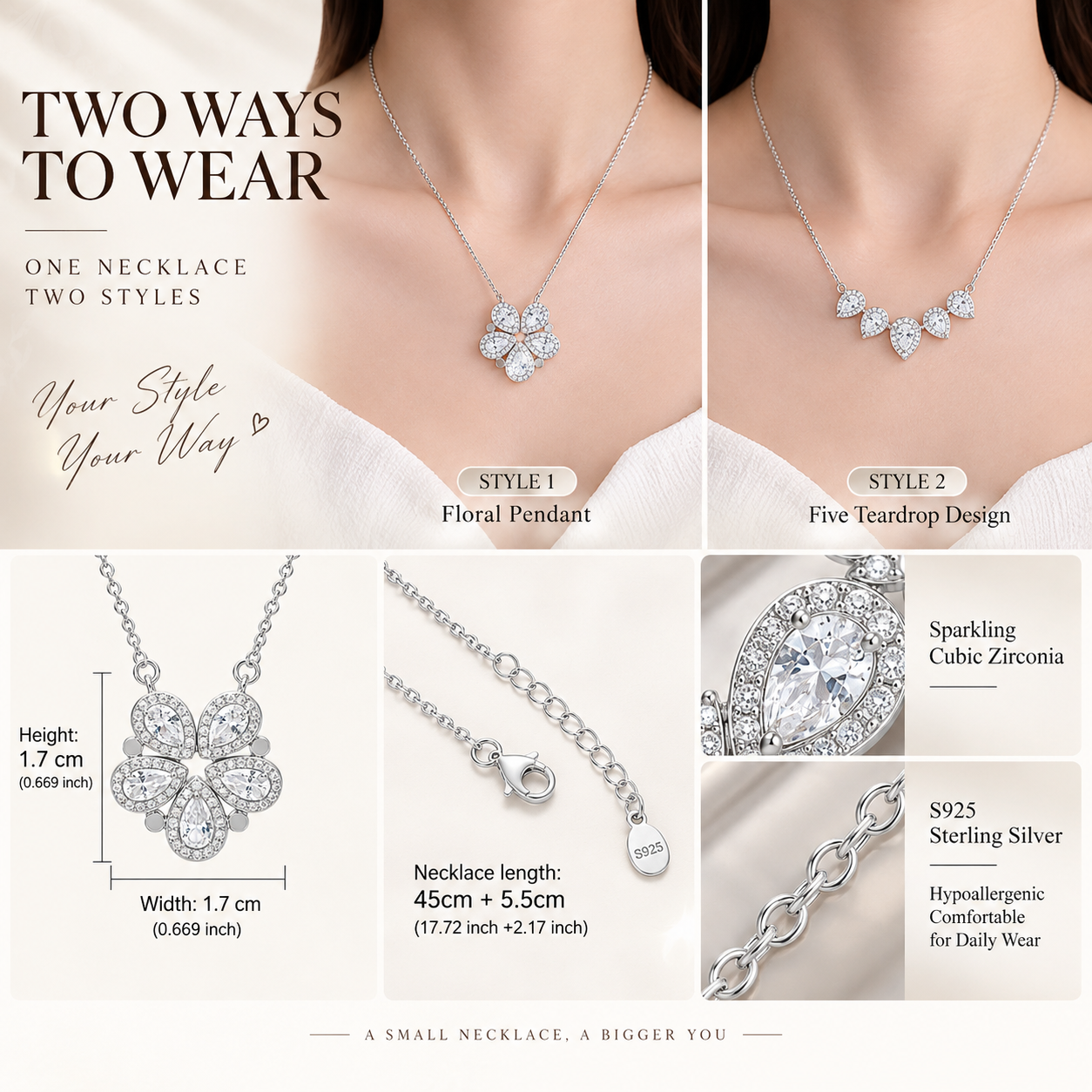 925 Sterling Silver Convertible CZ Flower Necklace - 2-in-1 Teardrop Pendant
