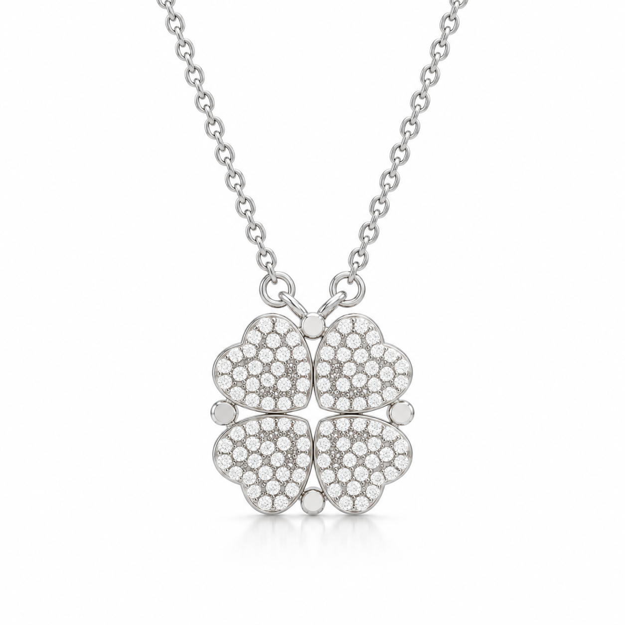 2-in-1 Convertible Pave Heart Clover Necklace – 925 Sterling Silver Cubic Zirconia