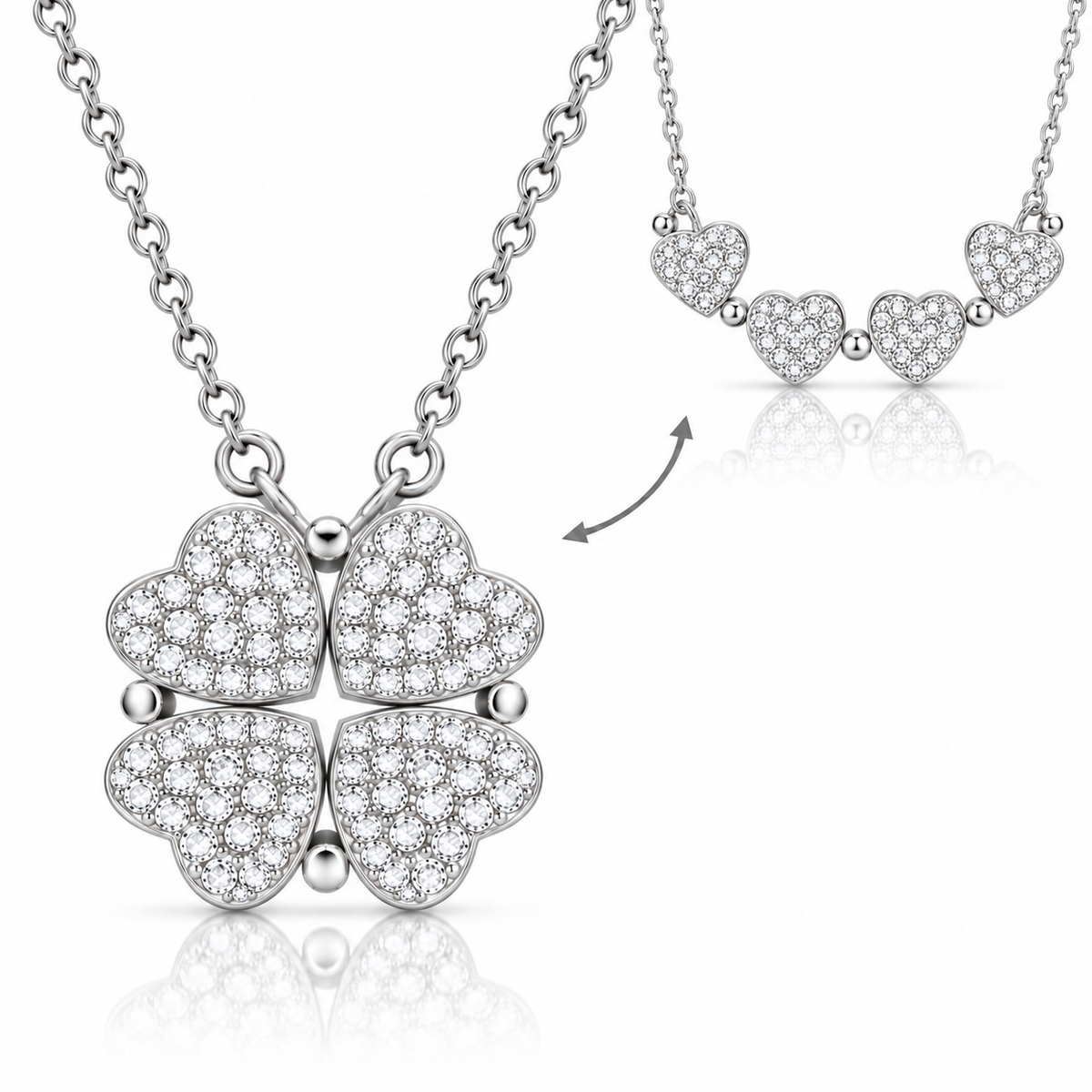 2-in-1 Convertible Pave Heart Clover Necklace – 925 Sterling Silver Cubic Zirconia