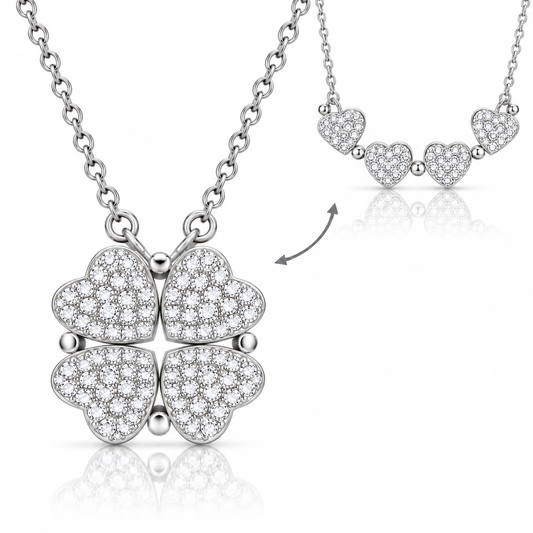 2-in-1 Convertible Pave Heart Clover Necklace – 925 Sterling Silver Cubic Zirconia