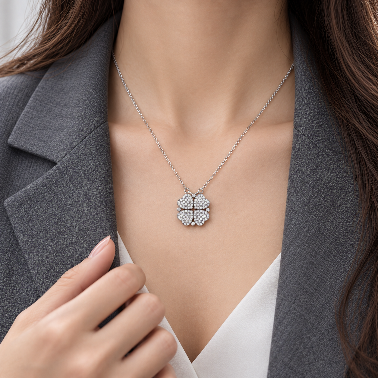 2-in-1 Convertible Pave Heart Clover Necklace – 925 Sterling Silver Cubic Zirconia