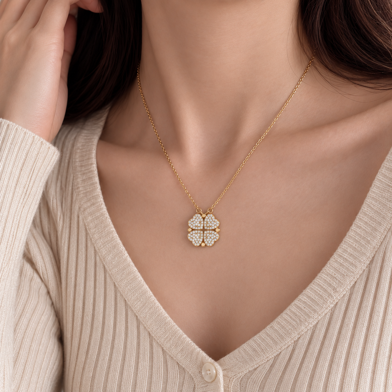 2-in-1 Convertible Pave Heart Clover Necklace – 925 Sterling Silver Cubic Zirconia