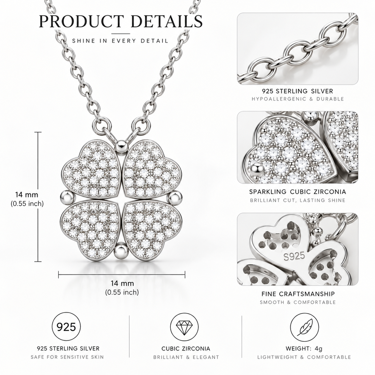 2-in-1 Convertible Pave Heart Clover Necklace – 925 Sterling Silver Cubic Zirconia