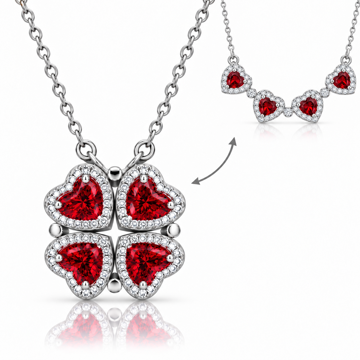 2-in-1 Convertible Heart Clover Necklace – 925 Sterling Silver Cubic Zirconia