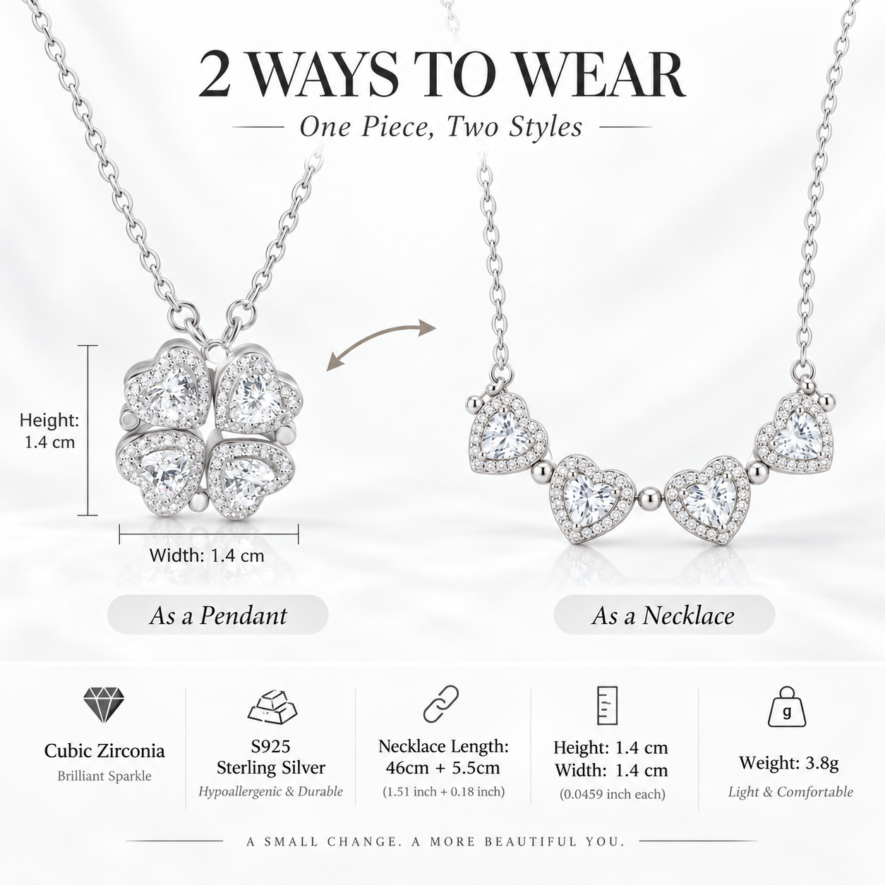 2-in-1 Convertible Heart Clover Necklace – 925 Sterling Silver Cubic Zirconia