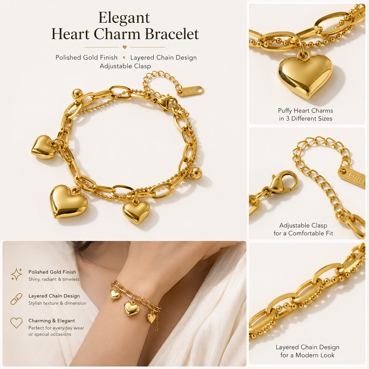 18K Gold Plated Heart Charm Bracelet for Women | Adjustable Chain Bracelet | Waterproof Stainless Steel Jewelry
