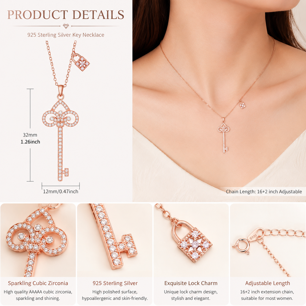 925 Sterling Silver Key Pendant Necklace Embellished With Zirconia