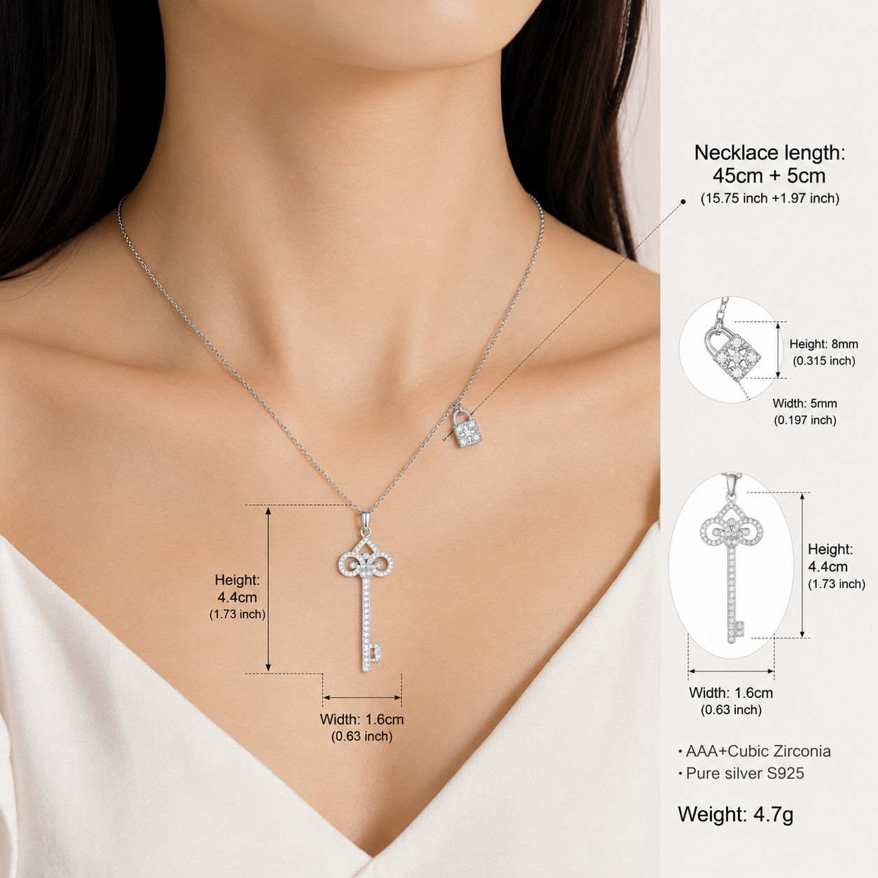925 Sterling Silver Key Pendant Necklace Embellished With Zirconia