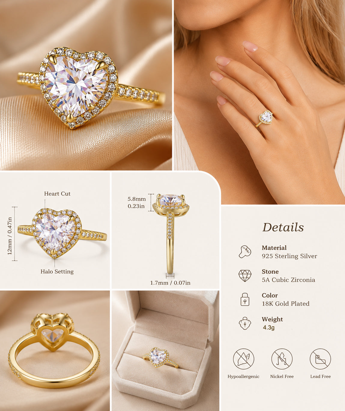 925 Sterling silver Halo Set 4 Carat Heart Cut CZ Ring for Engagements or Special Events Promise Ring
