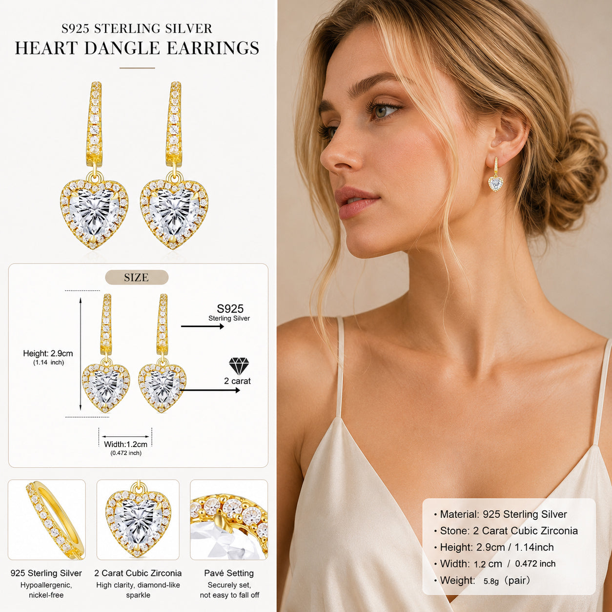 925 Sterling Silver 2 Carat Heart Cut CZ Earrings For Ladies' High-end Jewelry