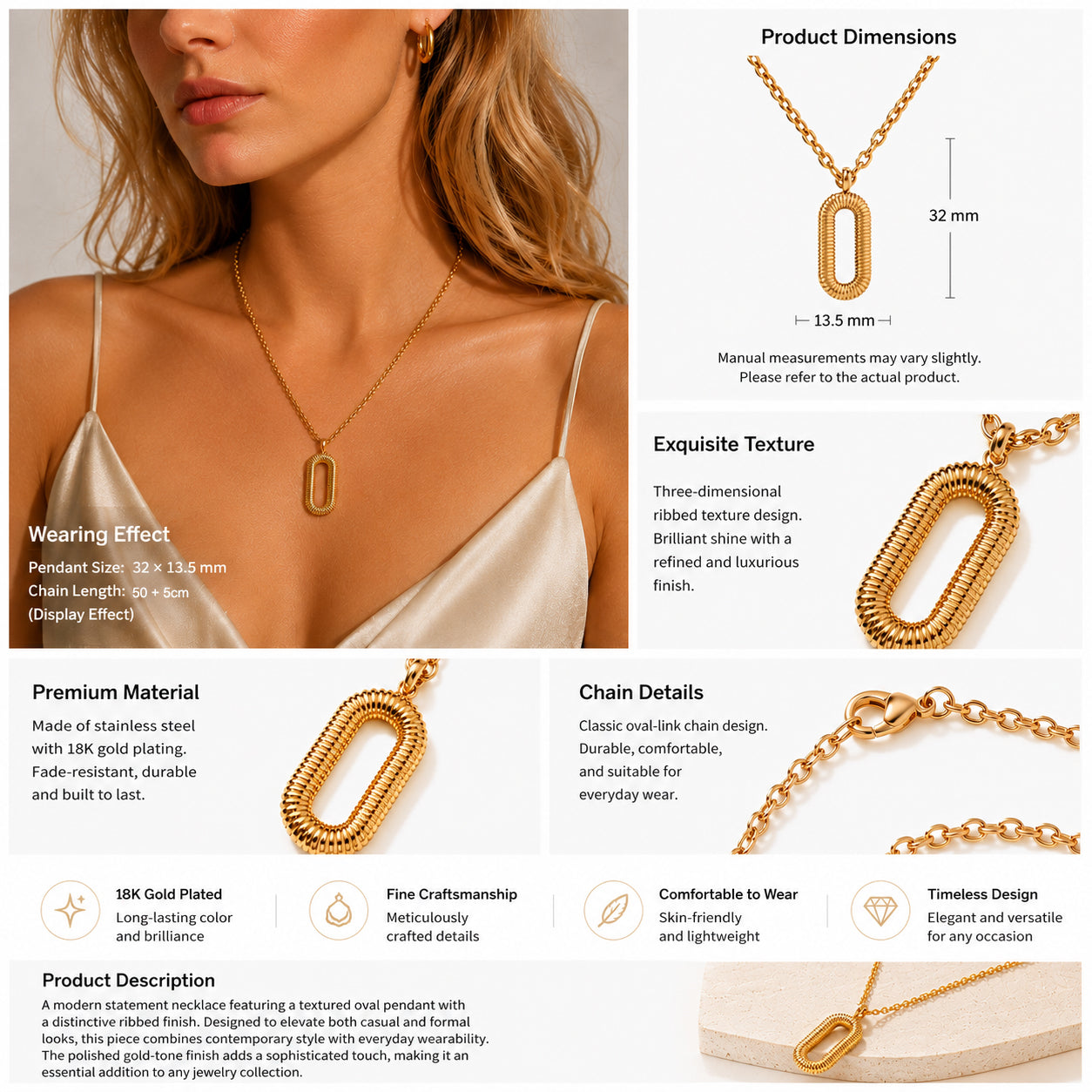 Stainless Steel 18K Gold-Plated Pendant Necklace