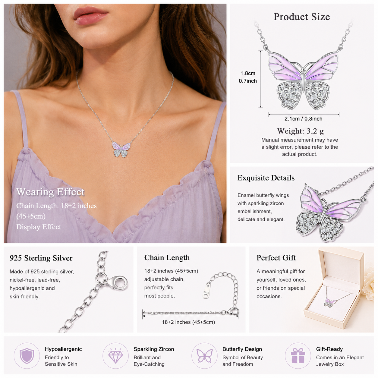 925 Sterling Silver Butterfly Necklace Enamel Zircon Pendant