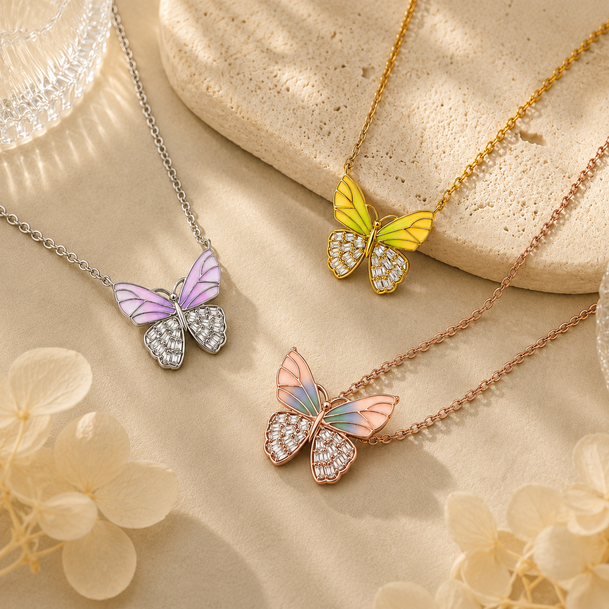 925 Sterling Silver Butterfly Necklace Enamel Zircon Pendant