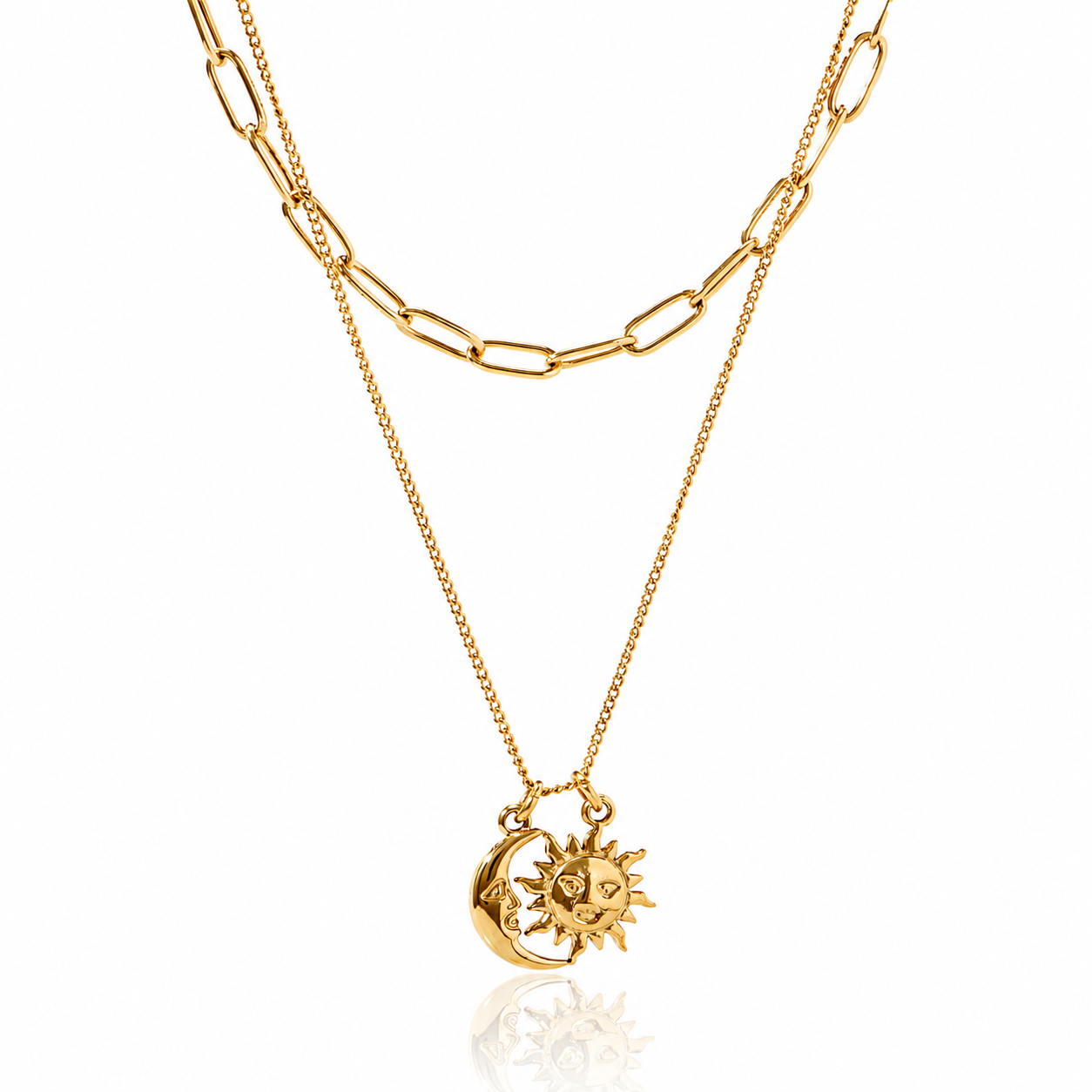 Stainless Steel 18K Gold-Plated Moon&Sun Stack Necklaces