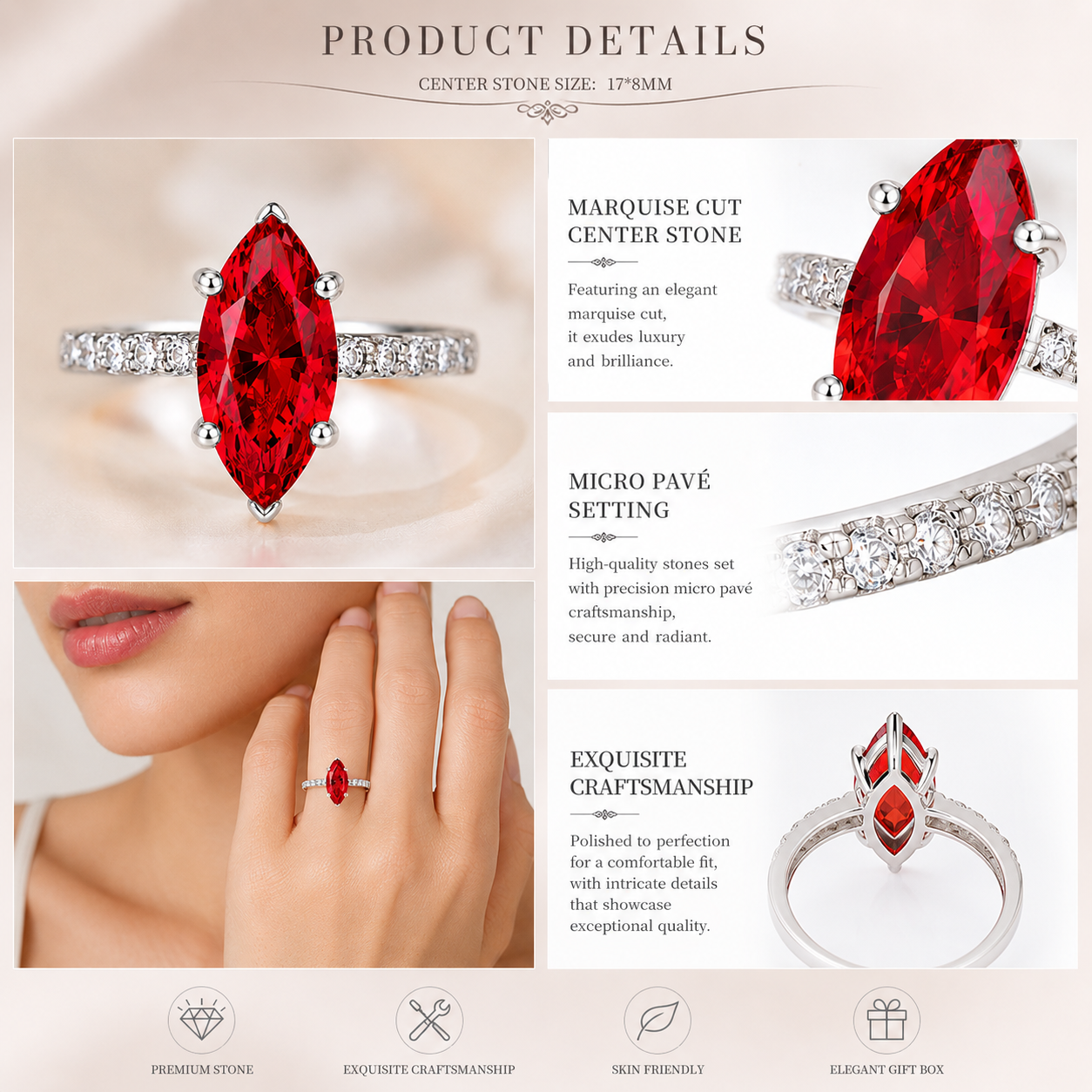 925 Sterling Silver -Carat Marquise-Cut Zircon Ring