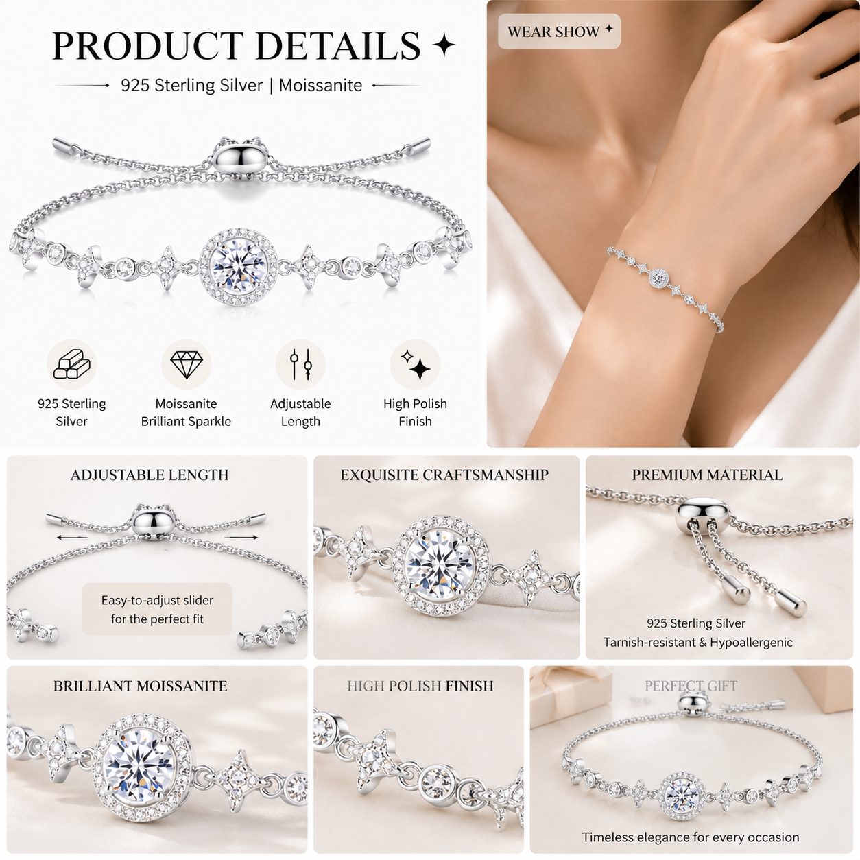 1-Carat Moissanite Bracelet – Premium S925 Sterling Silver – Star & Moon Bezel Setting