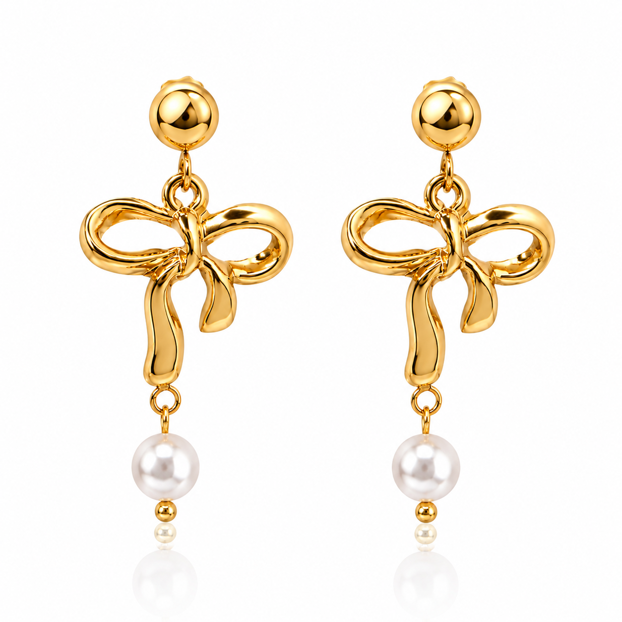 Stainless Steel 18K Gold-Plated Bow-Knot Shell Pearl Earrings