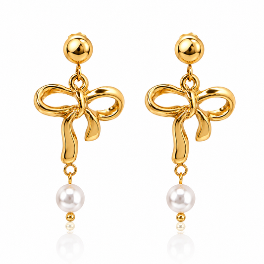 Stainless Steel 18K Gold-Plated Bow-Knot Shell Pearl Earrings