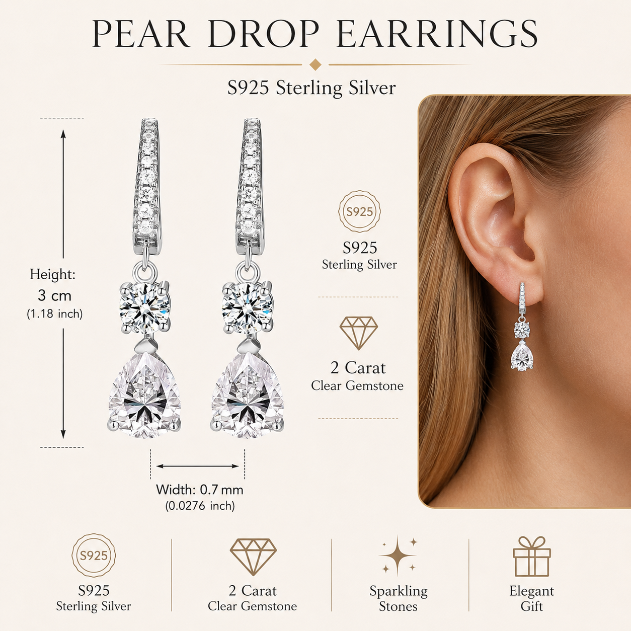 925 Sterling Silver 2 Carat Teardrop shape CZ Earrings For Ladies' High-end Jewelry