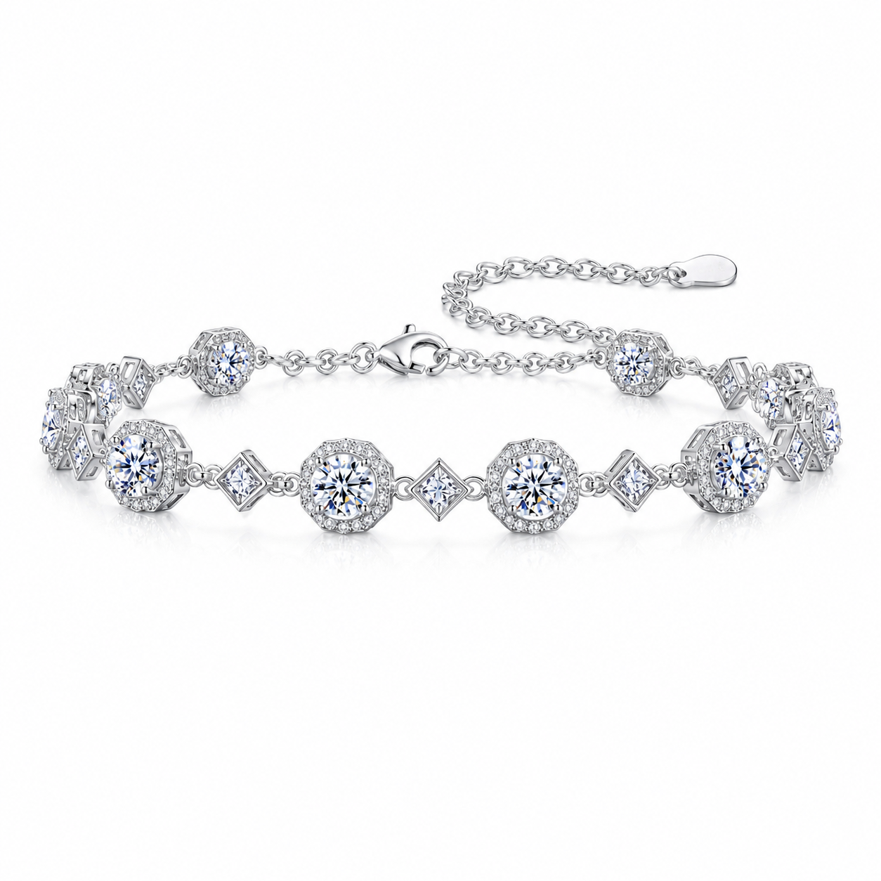 Adjustable 925 Sterling Silver Bracelet with Zircon and Square Moissanite Charm