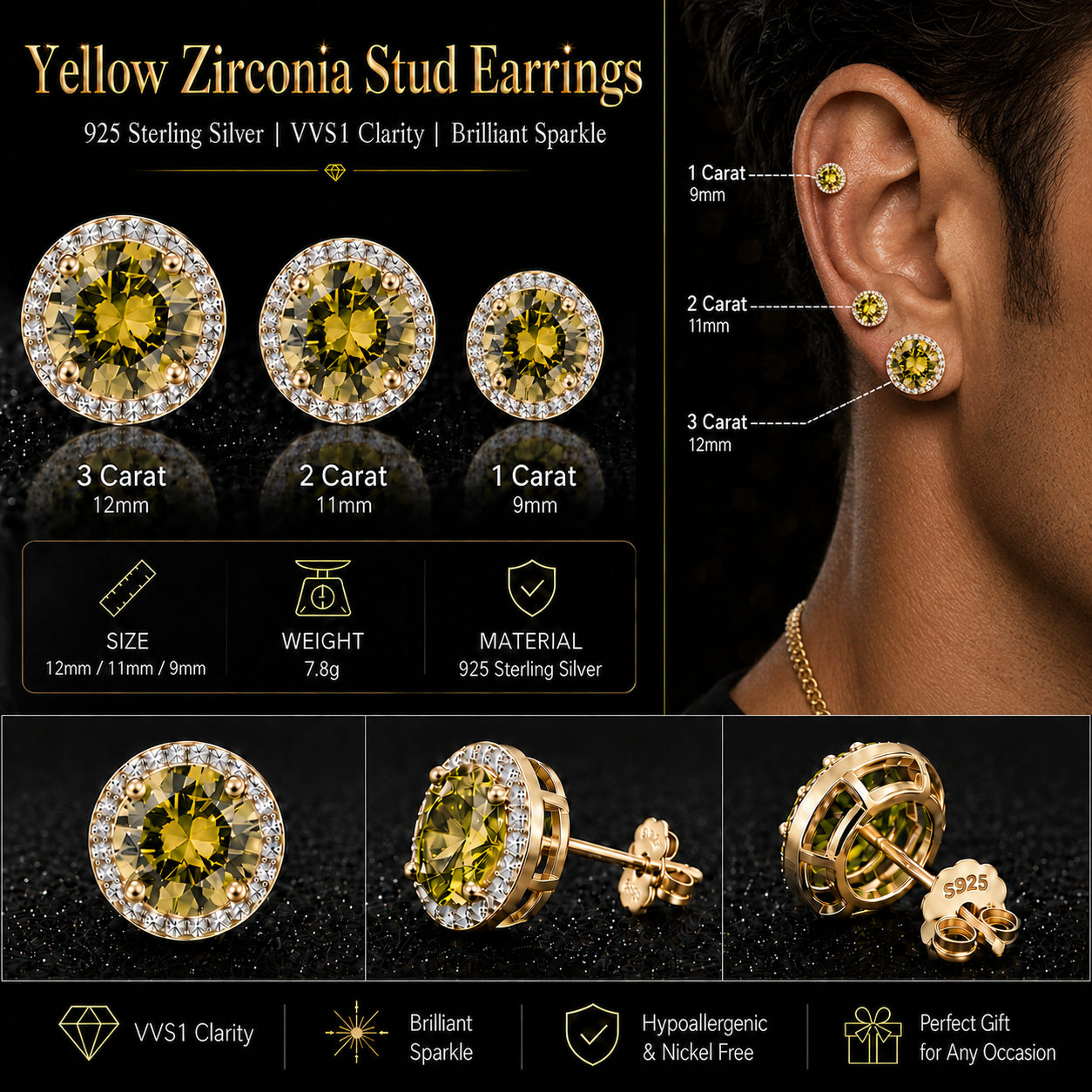 Luxury 1-4 Carat Zirconia Stud Earrings 925 Sterling Silver Halo Earrings