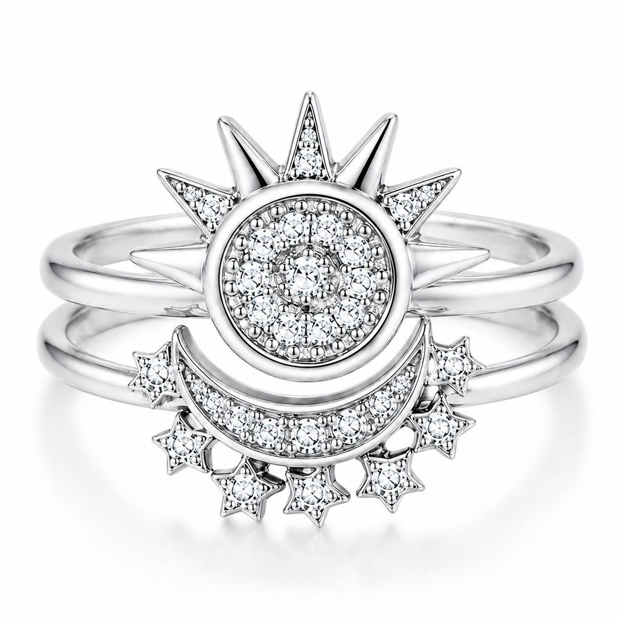 Celestial Sun & Moon Two-Piece Ring Set in 925 Sterling Silver with Cubic Zirconia