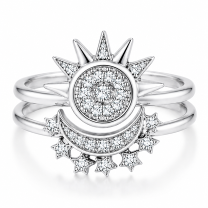 Celestial Sun & Moon Two-Piece Ring Set in 925 Sterling Silver with Cubic Zirconia