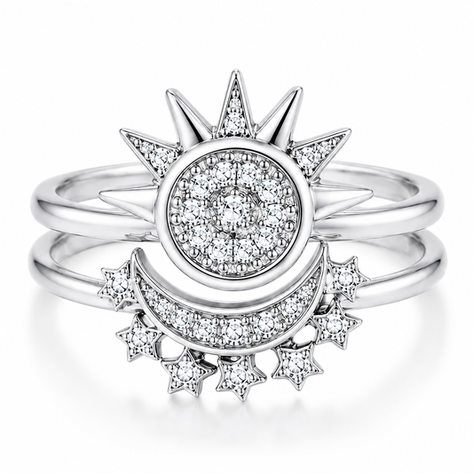 Celestial Sun & Moon Two-Piece Ring Set in 925 Sterling Silver with Cubic Zirconia