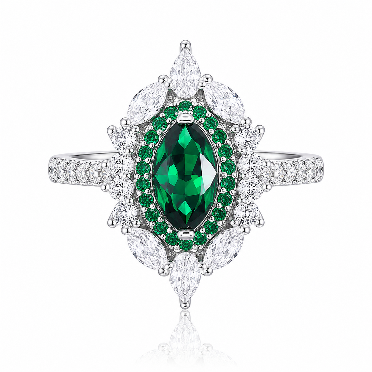 Marquise Cut Green Zircon Statement Ring | 925 Sterling Silver Women’s Vintage Halo Ring