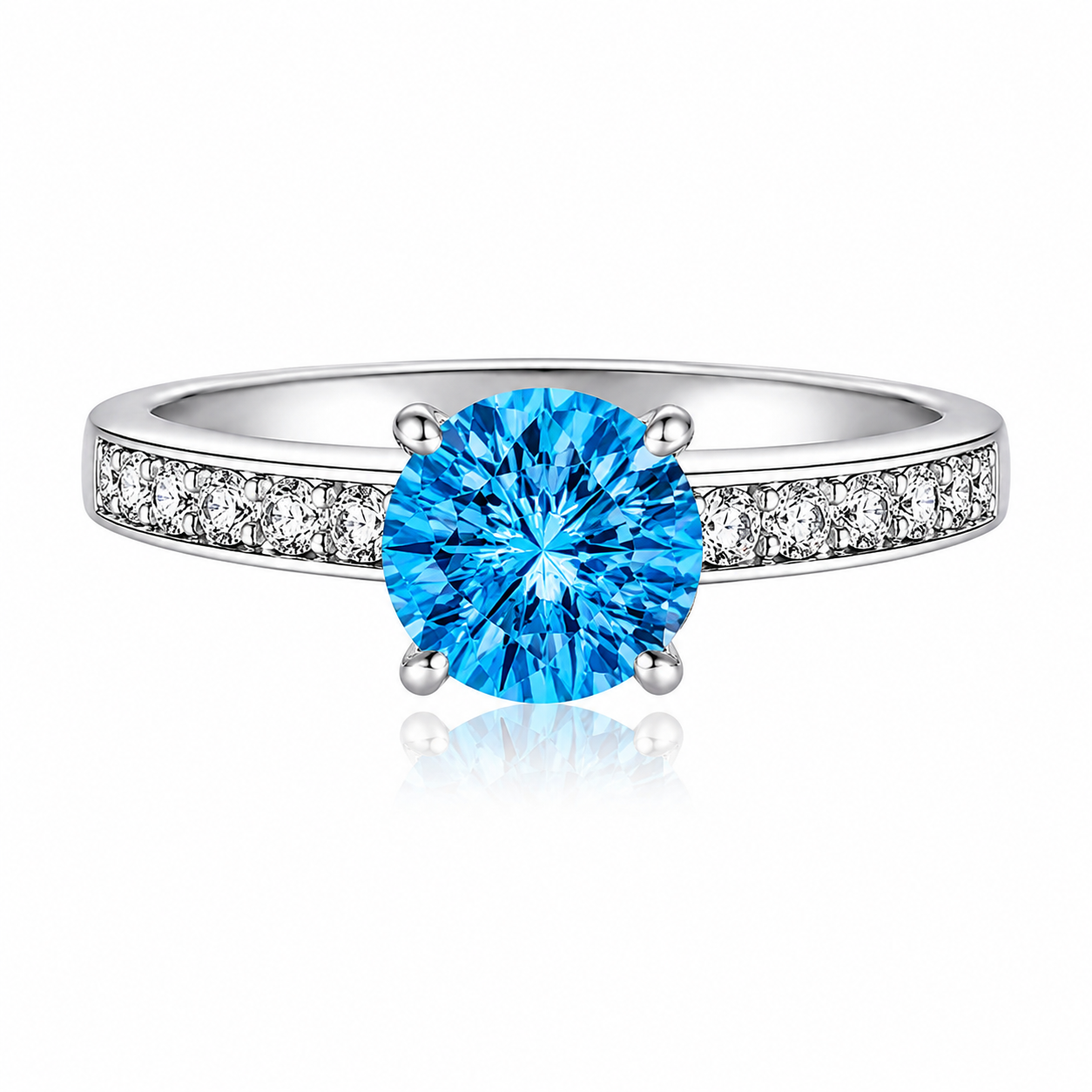 925 Sterling Silver Round Cut Multi-Color Zircon Solitaire Ring, Paved Side Stone Promise Engagement Ring for Women