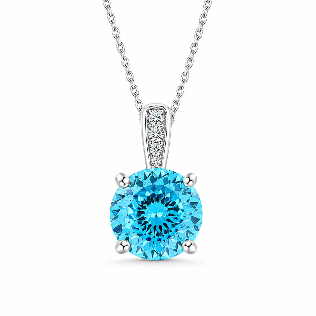 925 Sterling Silver Round Cut Multi-Color Zircon Pendant Necklace, 4 Prong Solitaire Colorful CZ Dainty Chain Necklace for Women