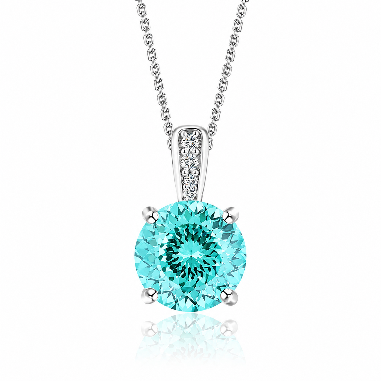 925 Sterling Silver Round Cut Multi-Color Zircon Pendant Necklace, 4 Prong Solitaire Colorful CZ Dainty Chain Necklace for Women