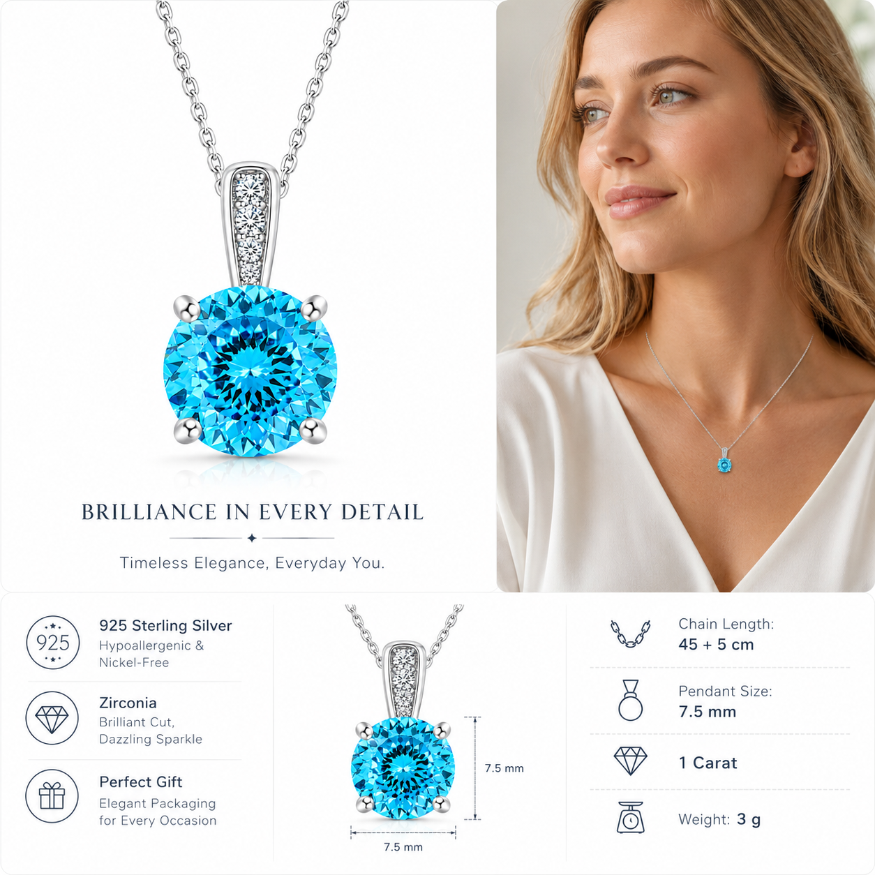 925 Sterling Silver Round Cut Multi-Color Zircon Pendant Necklace, 4 Prong Solitaire Colorful CZ Dainty Chain Necklace for Women