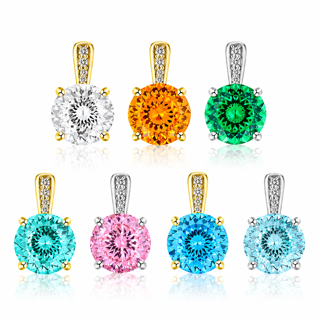 925 Sterling Silver Round Cut Multi-Color Zircon Pendant Necklace, 4 Prong Solitaire Colorful CZ Dainty Chain Necklace for Women