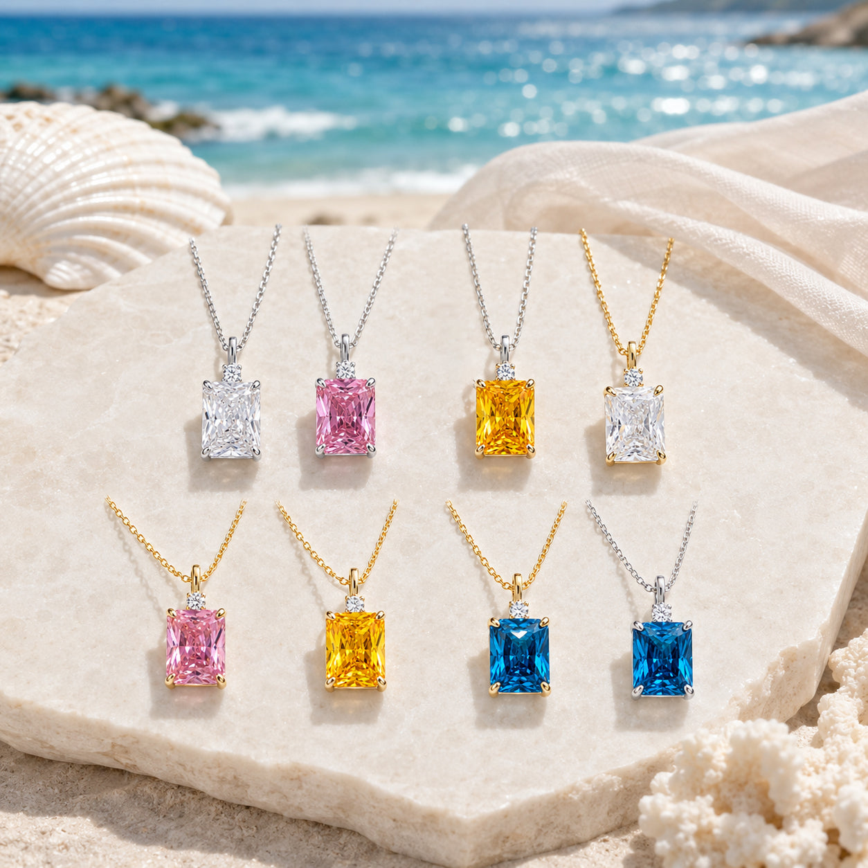 925 Sterling Silver Emerald-Cut Zirconia Pendant Necklace – Clear, Pink, Yellow & Blue Options