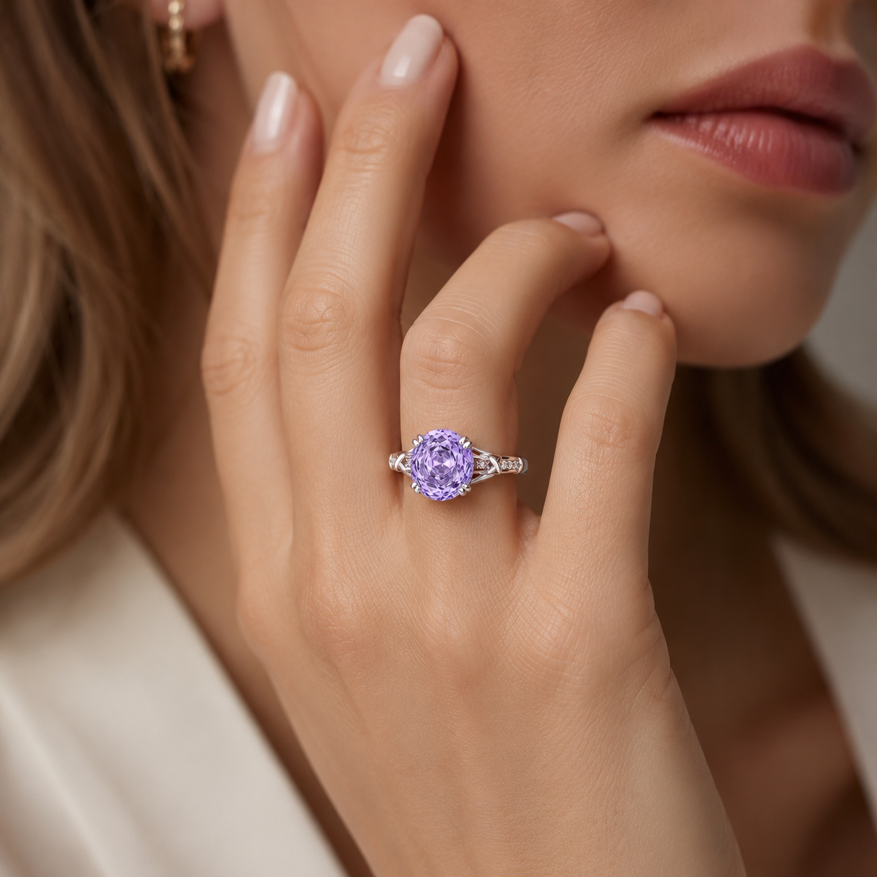 925 Sterling Silver Rose Cut Purple Zircon Jewelry Set – Round Gemstone Ring, Necklace & Earrings for Women
