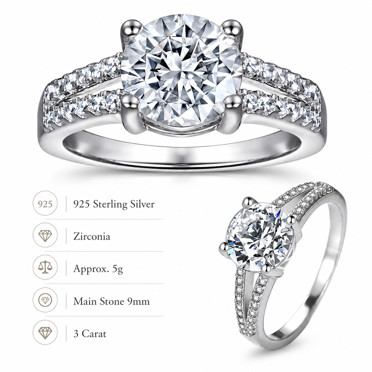 Elegant 925 Sterling Silver 3 Carat Zirconia Ring – 9mm Statement Engagement Ring