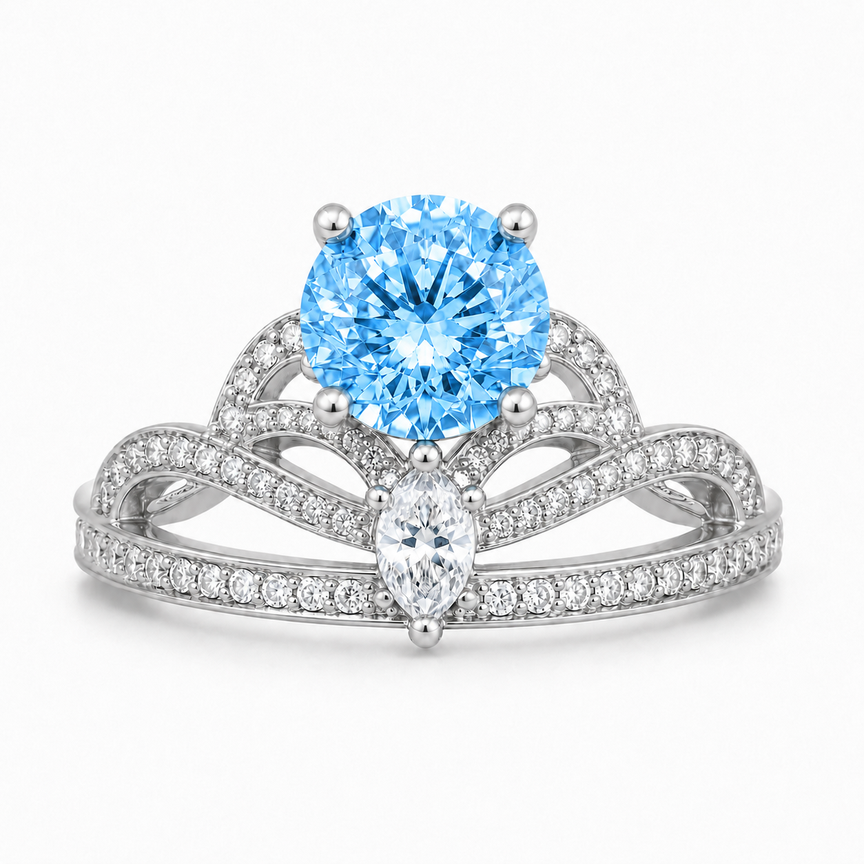 925 Sterling Silver Crown Ring with Blue Zirconia Stone | Elegant Princess Statement Ring