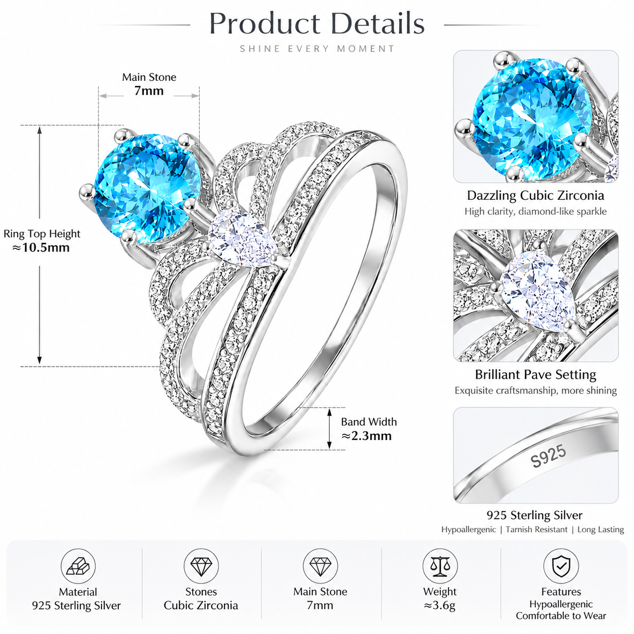 925 Sterling Silver Crown Ring with Blue Zirconia Stone | Elegant Princess Statement Ring