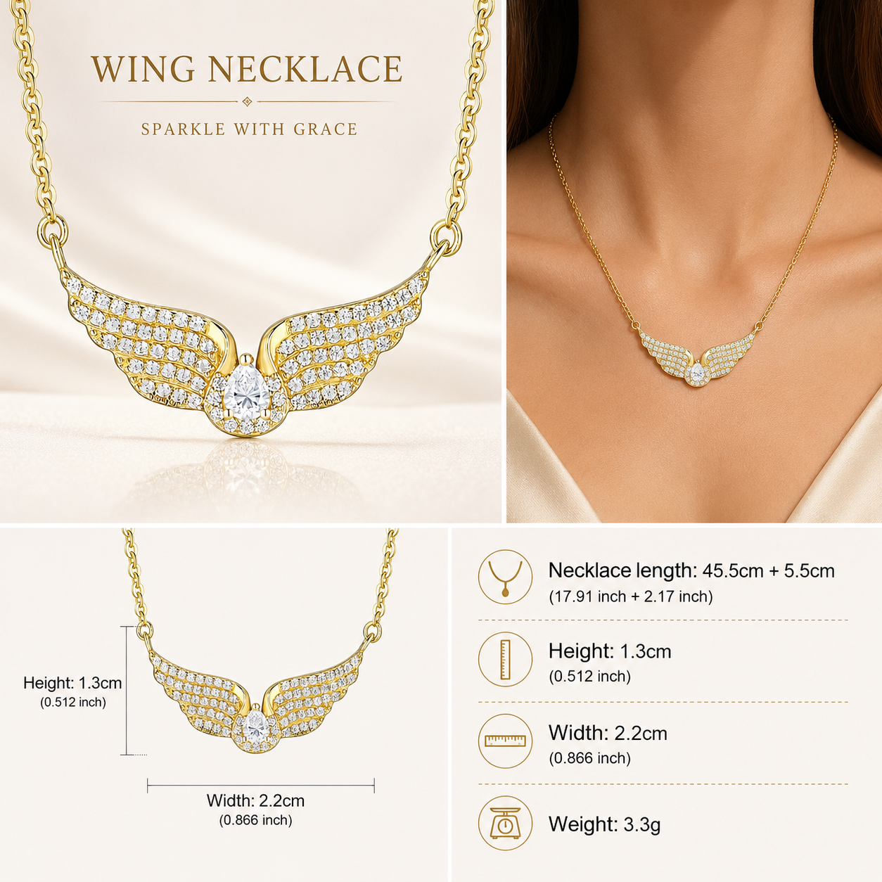 Angel Wing Pendant Necklace for Women – 925 Sterling Silver 18K Gold Plated CZ Wing Necklace, Dainty Everyday Jewelry