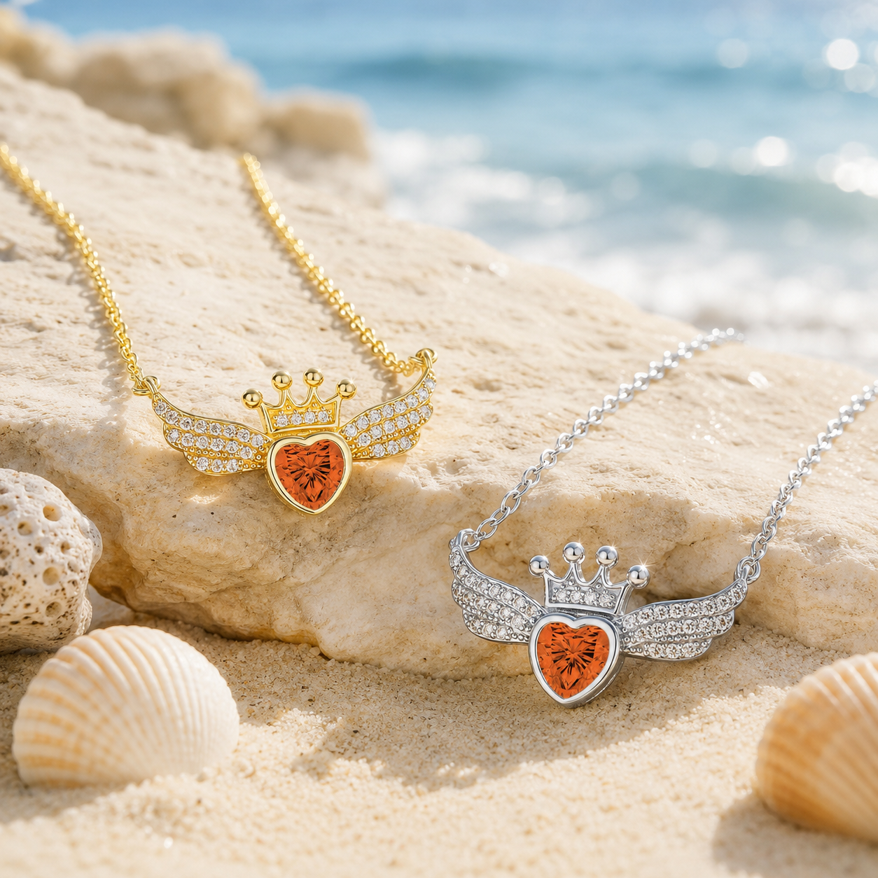 Crown Wing Heart Pendant Necklace for Women – 925 Sterling Silver Cubic Zirconia Angel Wing Necklace