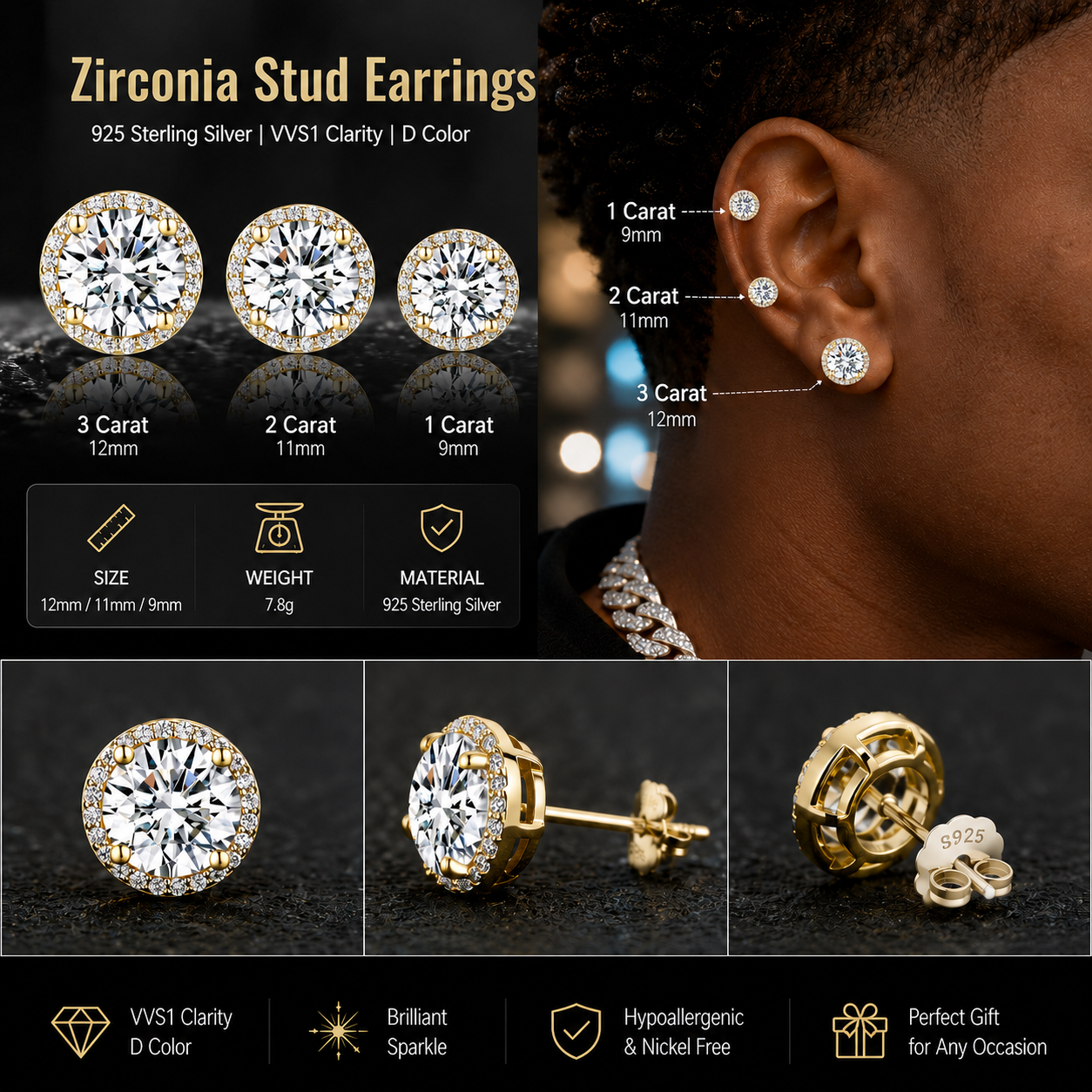 Classic 925 silver round cubic zirconia earrings, unisex style.