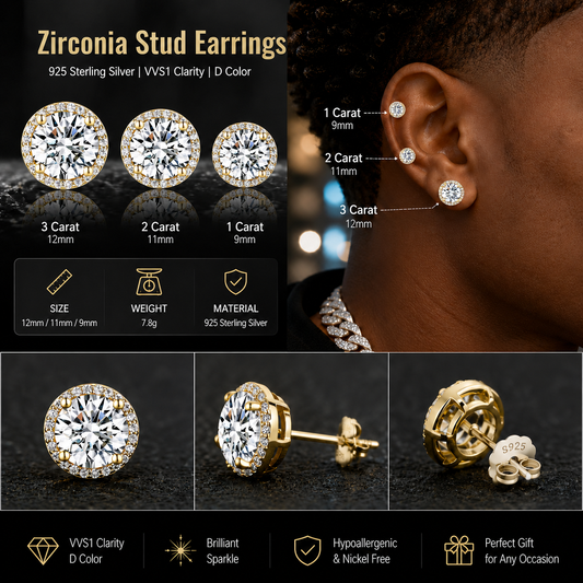 Classic 925 silver round cubic zirconia earrings, unisex style.